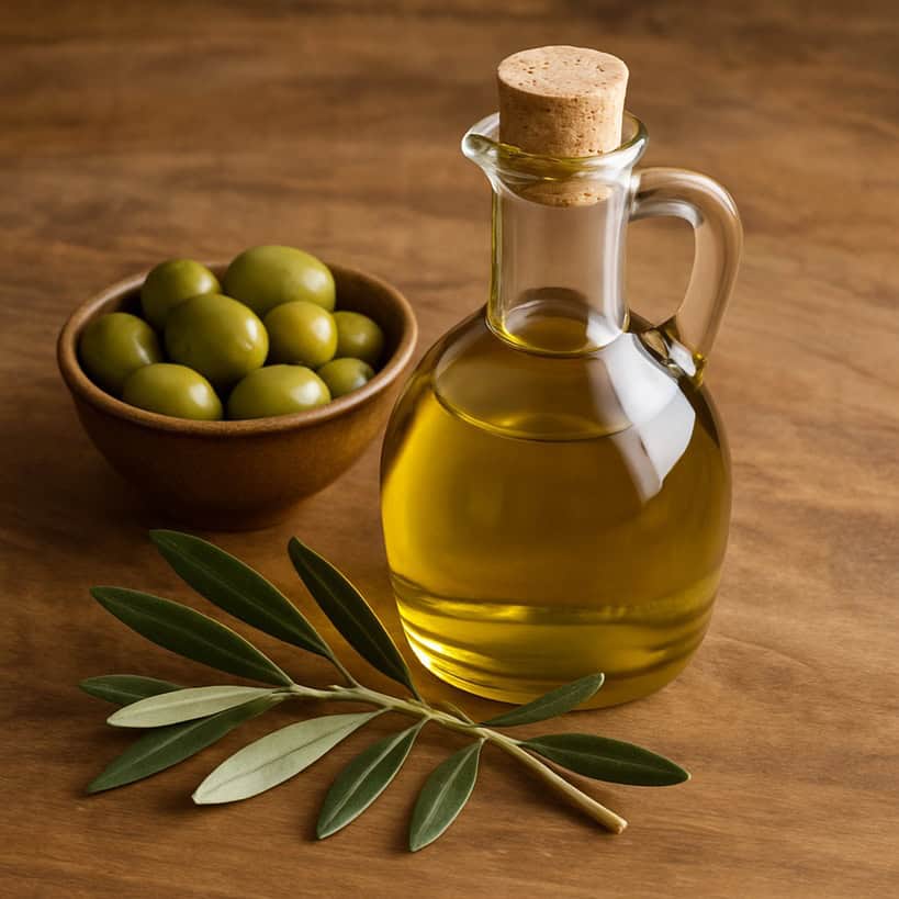 Una bottiglia di olio d'oliva in vetro con tappi di sughero, una ciotola di olive verdi e un ramo di ulivo su una superficie di legno rustico.