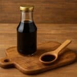 Salsa di soia in bottiglia con cucchiaio in legno su tagliere