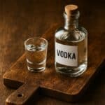 Vodka trasparente in bottiglia con tappo in sughero e bicchierino su tagliere in legno
