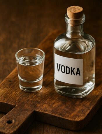 Vodka trasparente in bottiglia con tappo in sughero e bicchierino su tagliere in legno