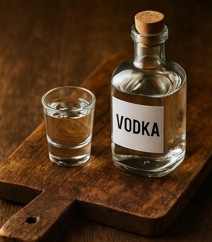 Vodka trasparente in bottiglia con tappo in sughero e bicchierino su tagliere in legno