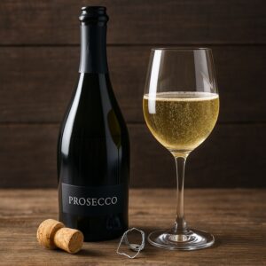 Bottiglia di Prosecco con calice pieno e tappo su tagliere in legno