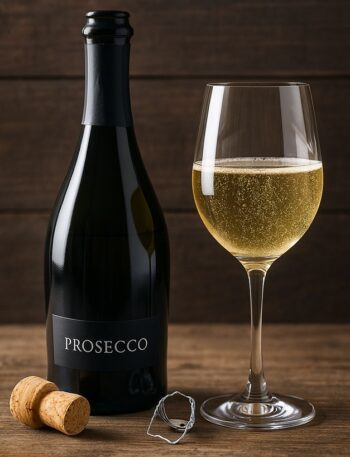 Bottiglia di Prosecco con calice pieno e tappo su tagliere in legno