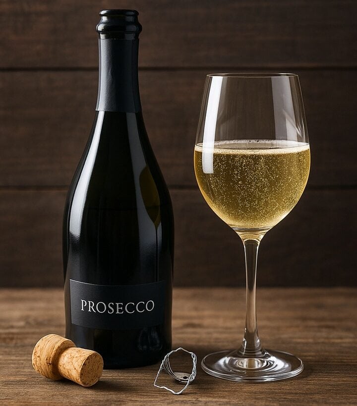 Bottiglia di Prosecco con calice pieno e tappo su tagliere in legno