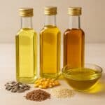 Quattro bottiglie di oli di semi (girasole, canola, sesamo, e lino) su uno sfondo rustico.