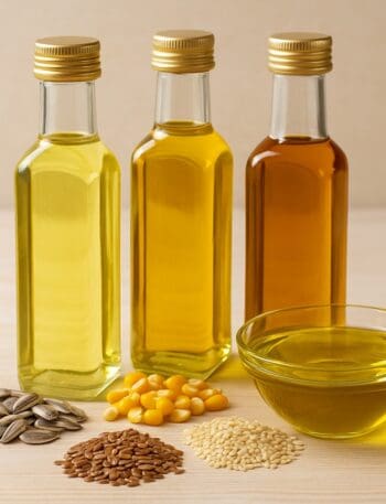 Quattro bottiglie di oli di semi (girasole, canola, sesamo, e lino) su uno sfondo rustico.