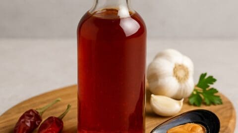 Bottiglia trasparente di olio forte per zuppa di cozze