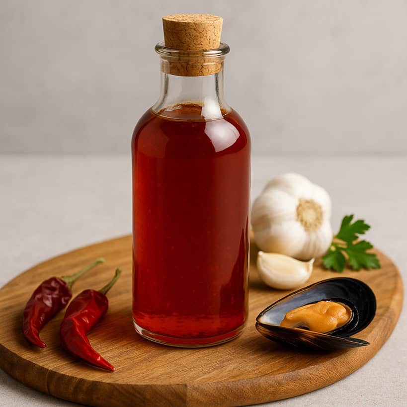 Bottiglia trasparente di olio forte per zuppa di cozze