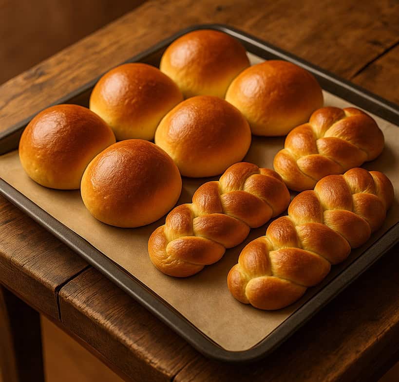 Fotografia ravvicinata di brioche cotte, con superficie lucida e dorata, disposte su una teglia rivestita di carta forno su tavolo in legno rustico,