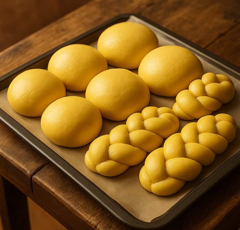 Brioche lievitate in una teglia pronte per la cottura
