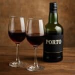 Due calici di vino Porto rosso e bottiglia su tagliere di legno