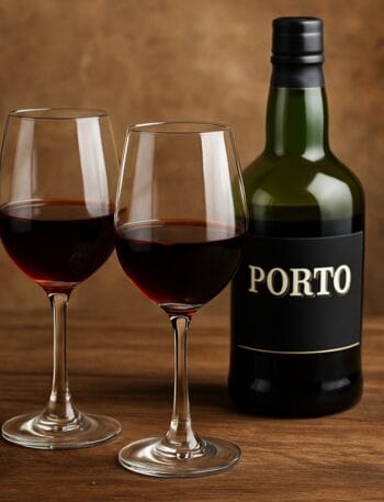 Due calici di vino Porto rosso e bottiglia su tagliere di legno