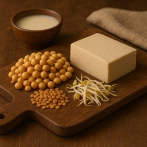 Semi di soia e prodotti derivati su tagliere rustico