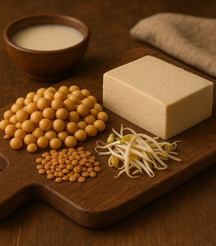 Semi di soia e prodotti derivati su tagliere rustico