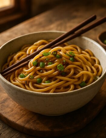 Noodles saltati in ciotola con cipollotto fresco e bacchette su tagliere rustico