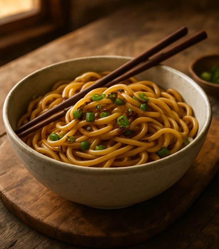 Noodles saltati in ciotola con cipollotto fresco e bacchette su tagliere rustico