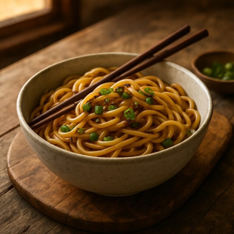 Noodles saltati in ciotola con cipollotto fresco e bacchette su tagliere rustico
