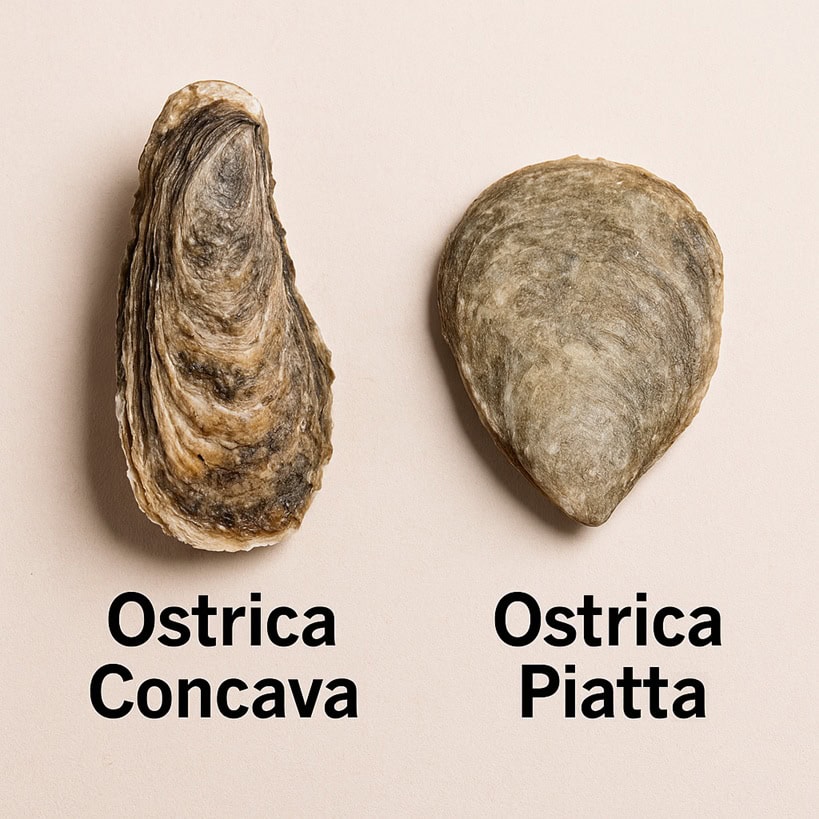 Un confronto tra due varietà di ostriche: concave e piatte, evidenziando le differenze nella forma e nella profondità.