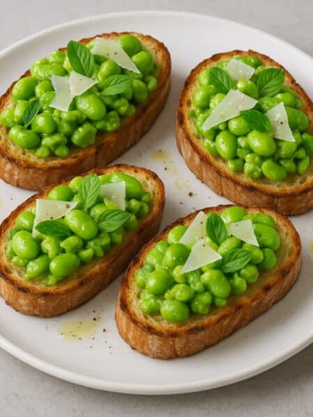 Quattro crostini con fave, pecorino e menta serviti su piatto bianco