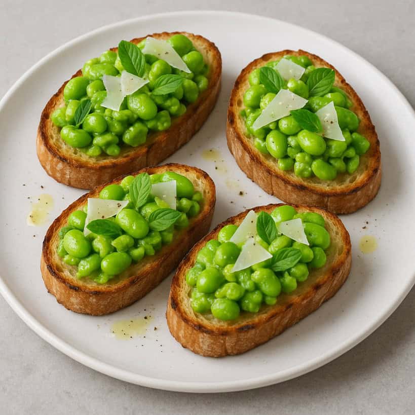 Quattro crostini con fave, pecorino e menta serviti su piatto bianco