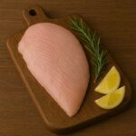 Fesa di tacchino cruda su tagliere di legno con rosmarino e fettine di limone