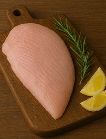 Fesa di tacchino cruda su tagliere di legno con rosmarino e fettine di limone
