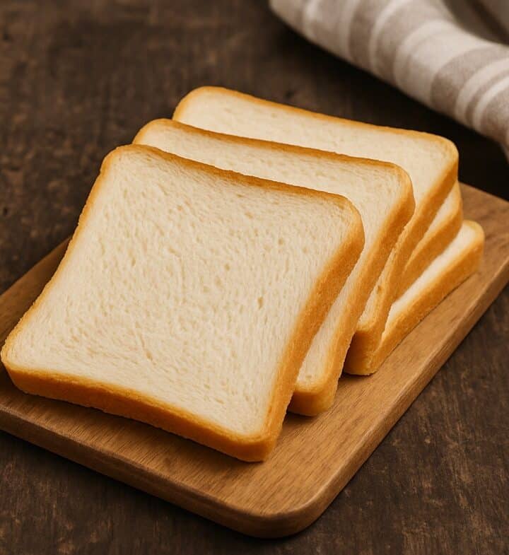 Quattro fette di pancarrè bianco disposte su un tagliere in legno