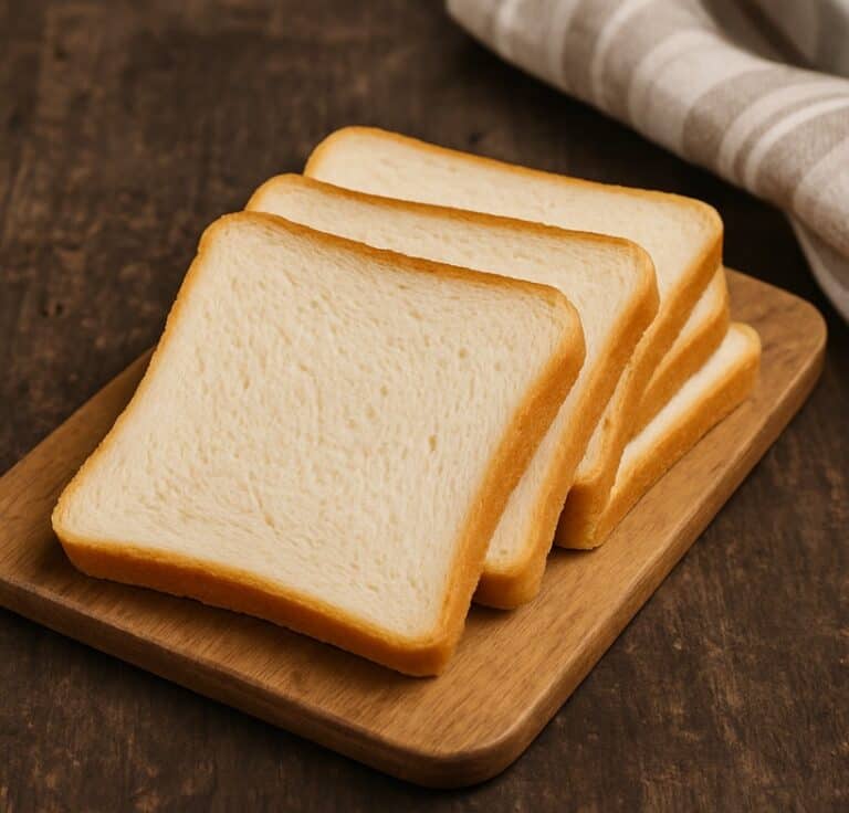 Quattro fette di pancarrè bianco disposte su un tagliere in legno