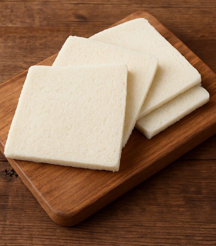 Pane per tramezzini quadrato e senza crosta su tagliere in legno