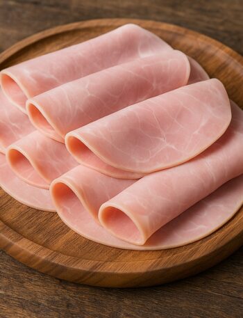 Fette sottili di prosciutto cotto arrotolate su tagliere in legno