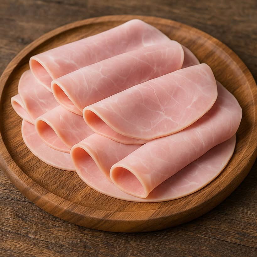 Fette sottili di prosciutto cotto arrotolate su tagliere in legno