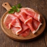 Fette sottili di prosciutto crudo su tagliere in legno con foglia di prezzemolo