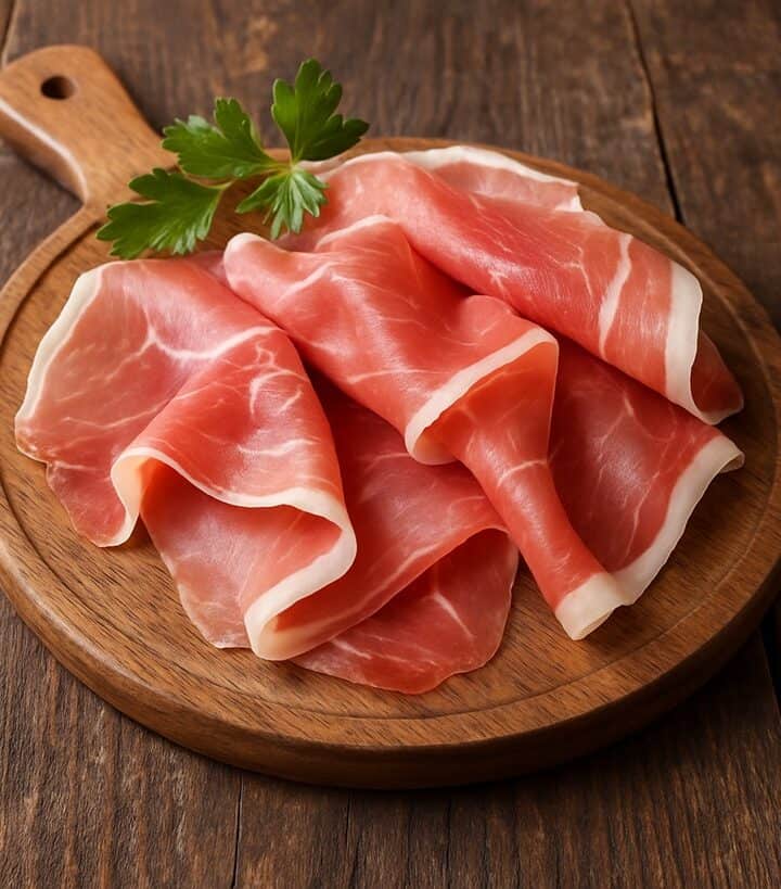 Fette sottili di prosciutto crudo su tagliere in legno con foglia di prezzemolo