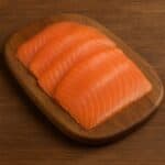 Fette di salmone affumicato ben disposte su tagliere rustico