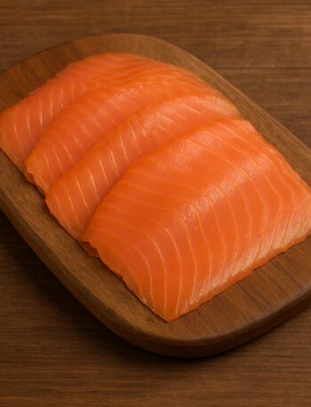 Fette di salmone affumicato ben disposte su tagliere rustico