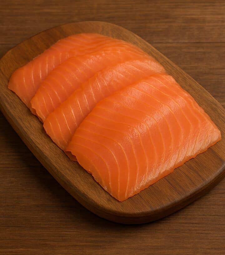 Fette di salmone affumicato ben disposte su tagliere rustico