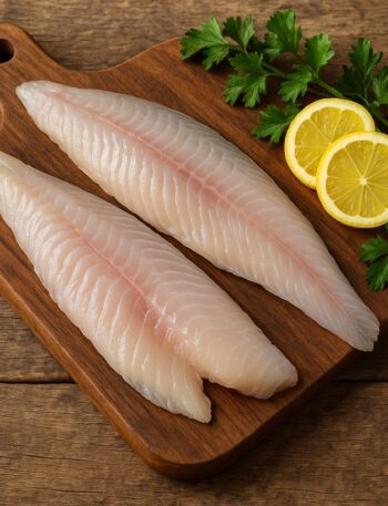 Filetti di pesce persico su tagliere in legno con limone ed erbe