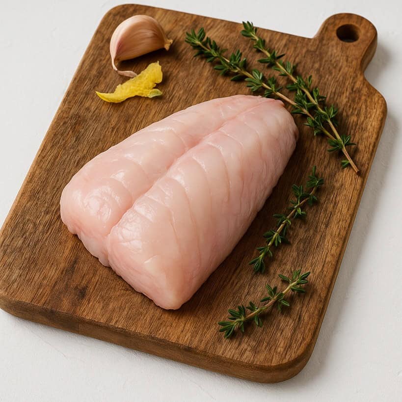 Filetto di rana pescatrice chiamata anche coda di rospo su tagliere con aglio e timo