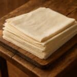 Fogli sovrapposti di pasta fillo cruda su tagliere in legno grezzo