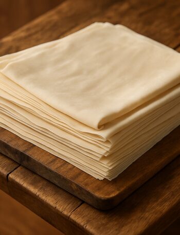 Fogli sovrapposti di pasta fillo cruda su tagliere in legno grezzo
