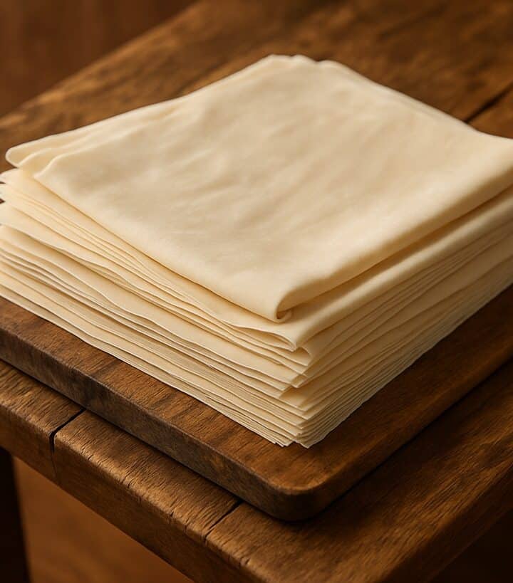 Fogli sovrapposti di pasta fillo cruda su tagliere in legno grezzo