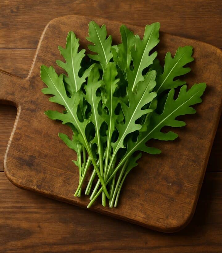 Mazzetto di rucola su tagliere in legno rustico