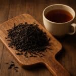 Tè nero sfuso su tagliere in legno con tazza di infuso caldo accanto