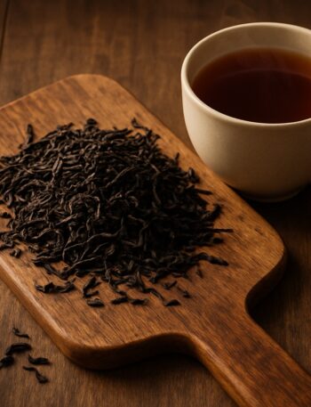Tè nero sfuso su tagliere in legno con tazza di infuso caldo accanto