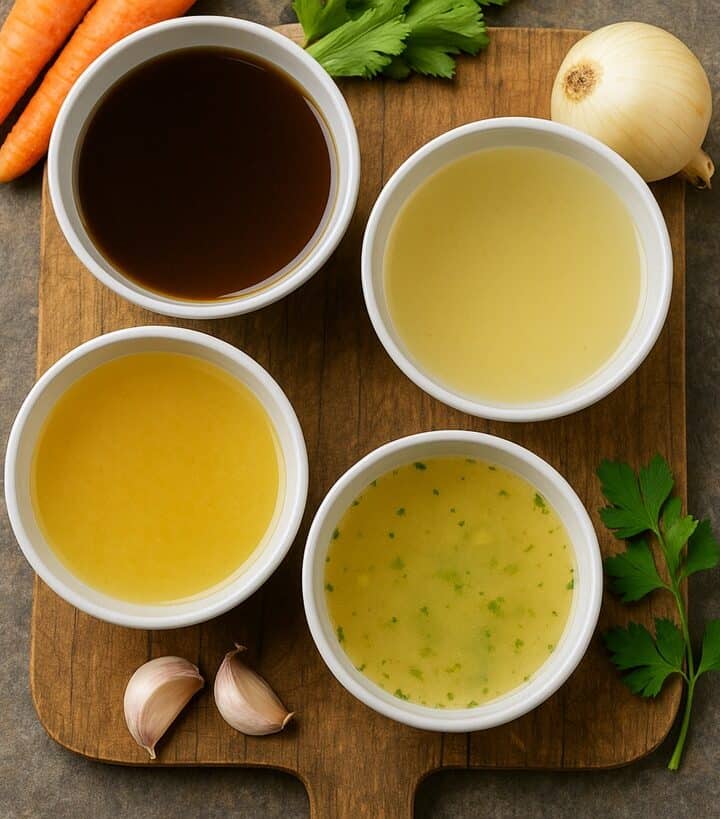 Fondi di Cucina in Ciotole Con Fondo Bruno, Bianco, Vegetale E Fumetto Su Tagliere Rustico