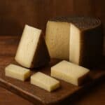 Pecorino intero e a fette su tagliere rustico di legno