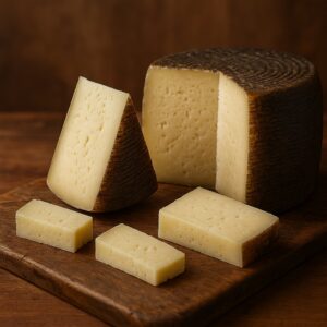 Pecorino intero e a fette su tagliere rustico di legno