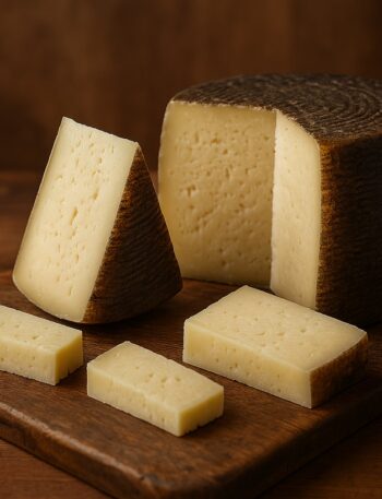 Pecorino intero e a fette su tagliere rustico di legno