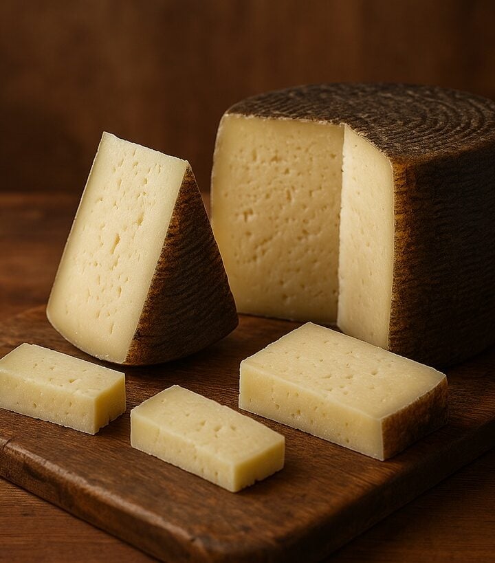 Pecorino intero e a fette su tagliere rustico di legno