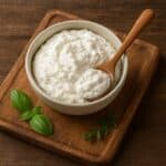 Ciotola di formaggio Quark cremoso con cucchiaio di legno su tagliere
